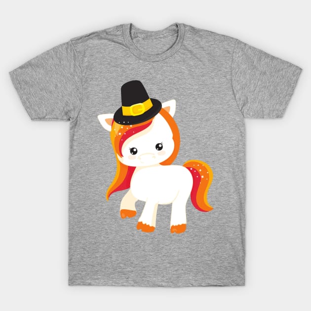 Thanksgiving Unicorn, Cute Unicorn, Pilgrim Hat T-Shirt by Jelena Dunčević